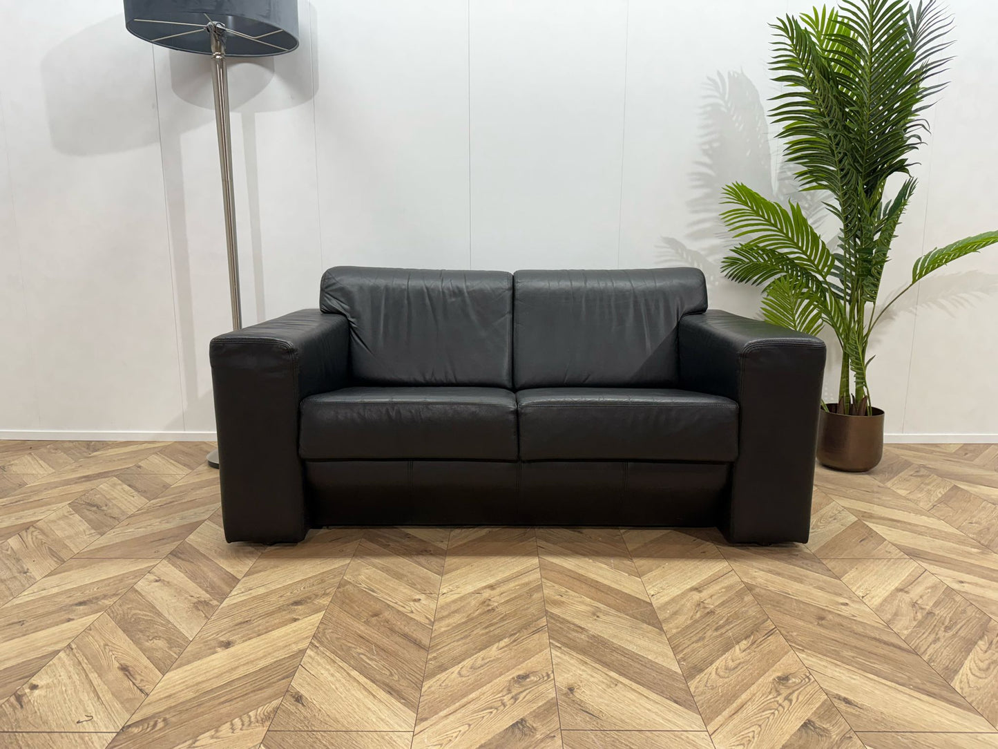 Zwarte Echt Lederen 2-Zits Bank ~ Vaste Kussens