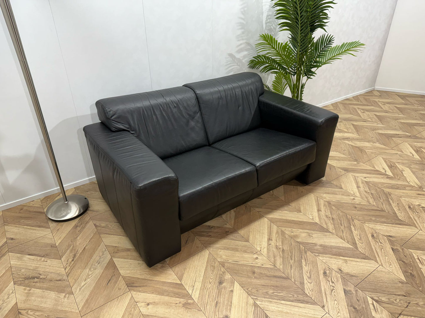 Zwarte Echt Lederen 2-Zits Bank ~ Vaste Kussens