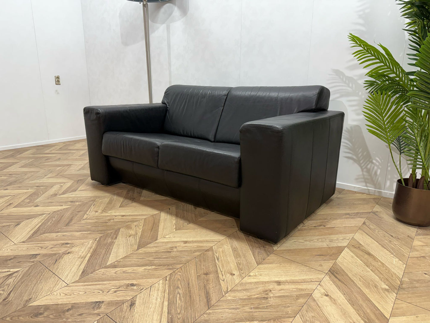 Zwarte Echt Lederen 2-Zits Bank ~ Vaste Kussens