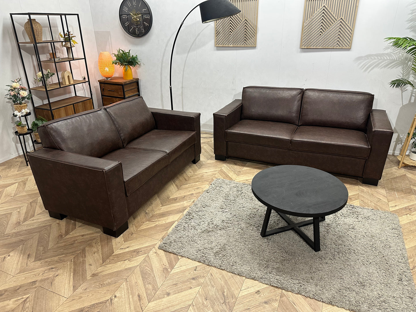 Bruine Leren Banken Set ~ Vaste Kussens