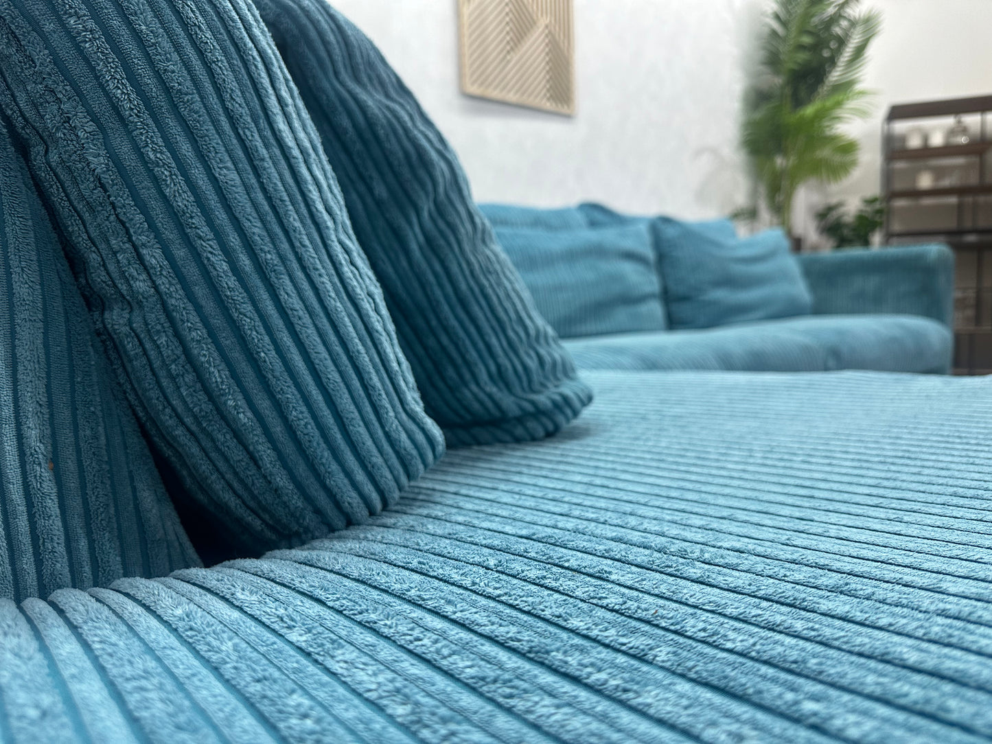 Licht Blauwe Ribstof Hoekbank ~ Losse Kussens Met Afneembare Hoezen