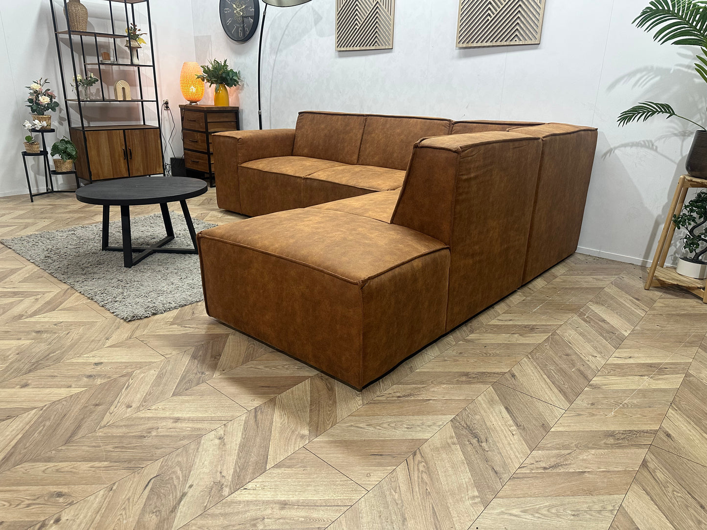 !Showroommodel! Cognac Bruine Suède Stoffen Hoekbank