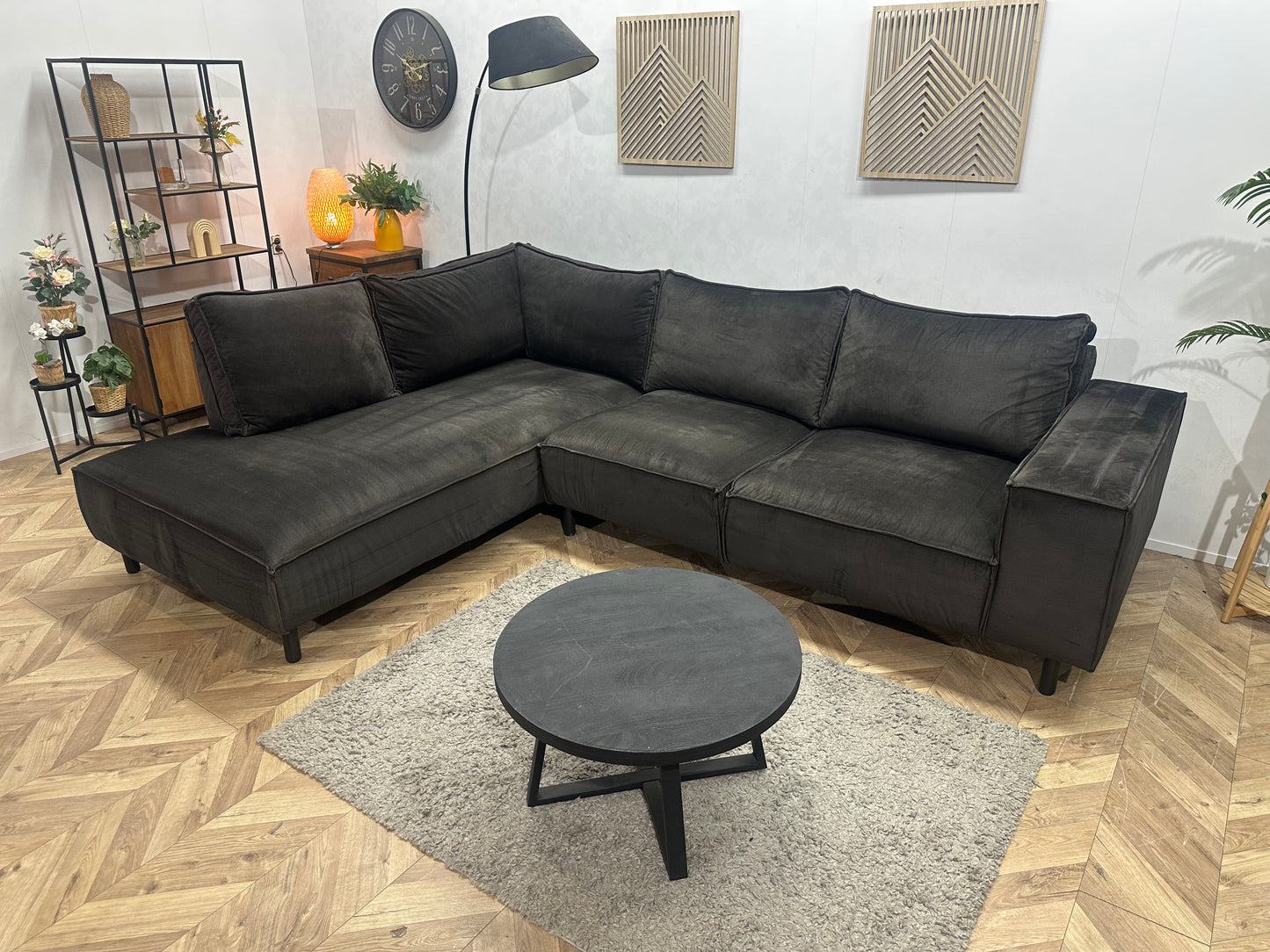 Antraciet Velvet Hoekbank ~ Losse Rugkussens Met Afneembare Hoezen