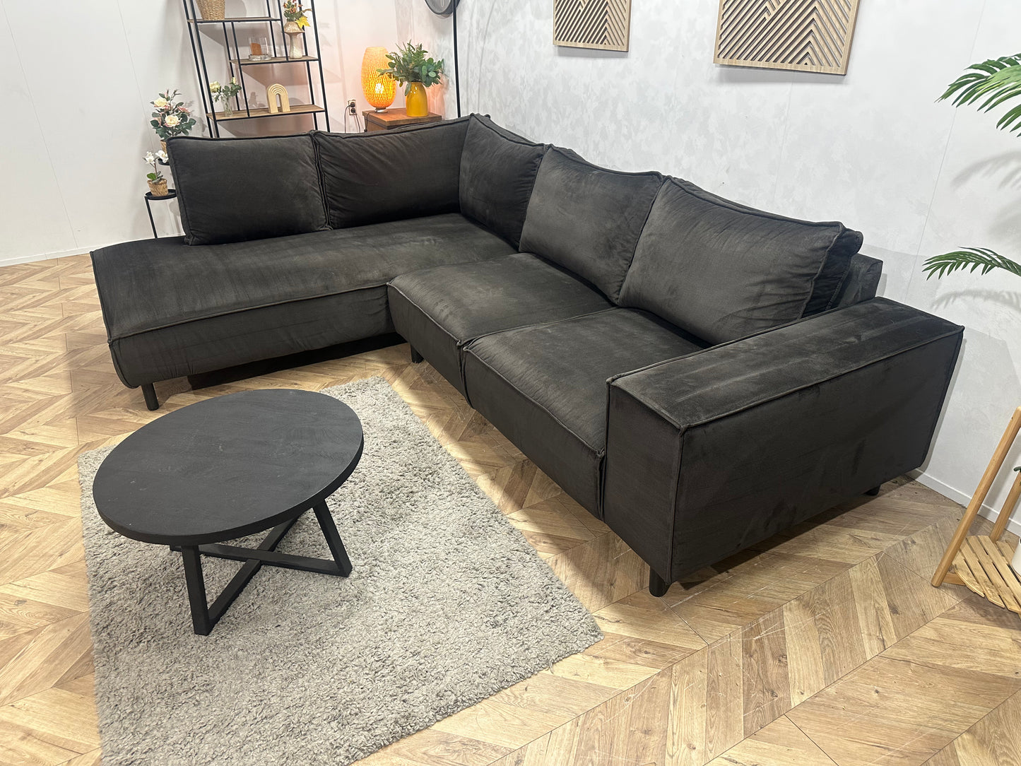 Antraciet Velvet Hoekbank ~ Losse Rugkussens Met Afneembare Hoezen