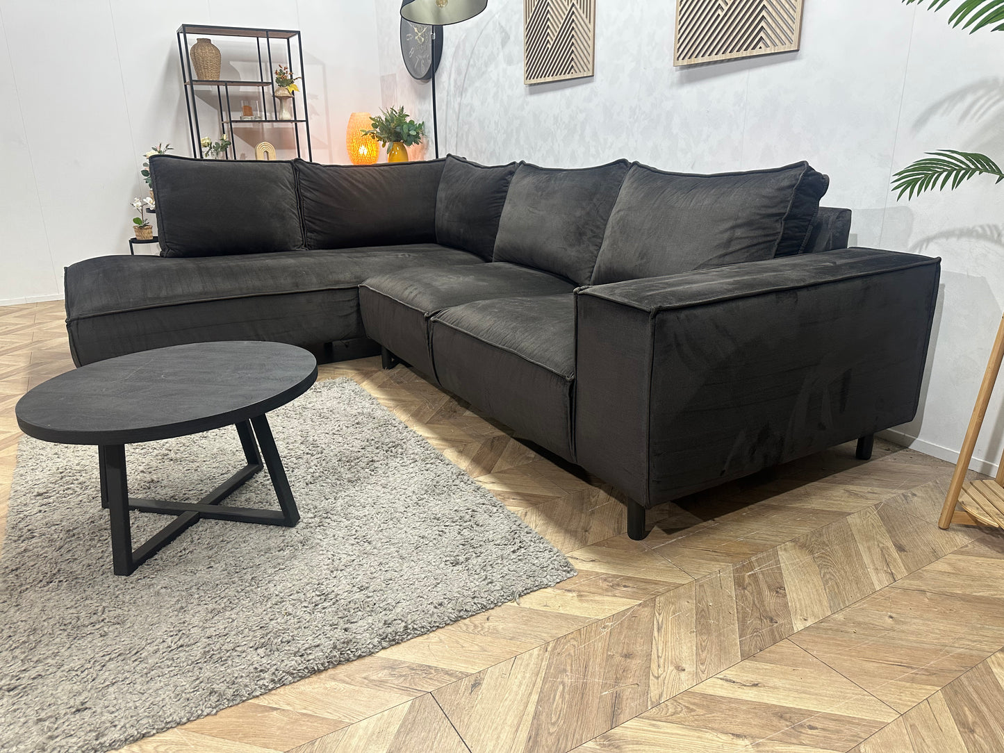 Antraciet Velvet Hoekbank ~ Losse Rugkussens Met Afneembare Hoezen